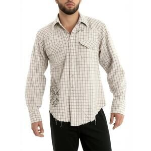 Manchester Ltd. Beige Plaid Western Frayed Repaired Snap Button Shirt L